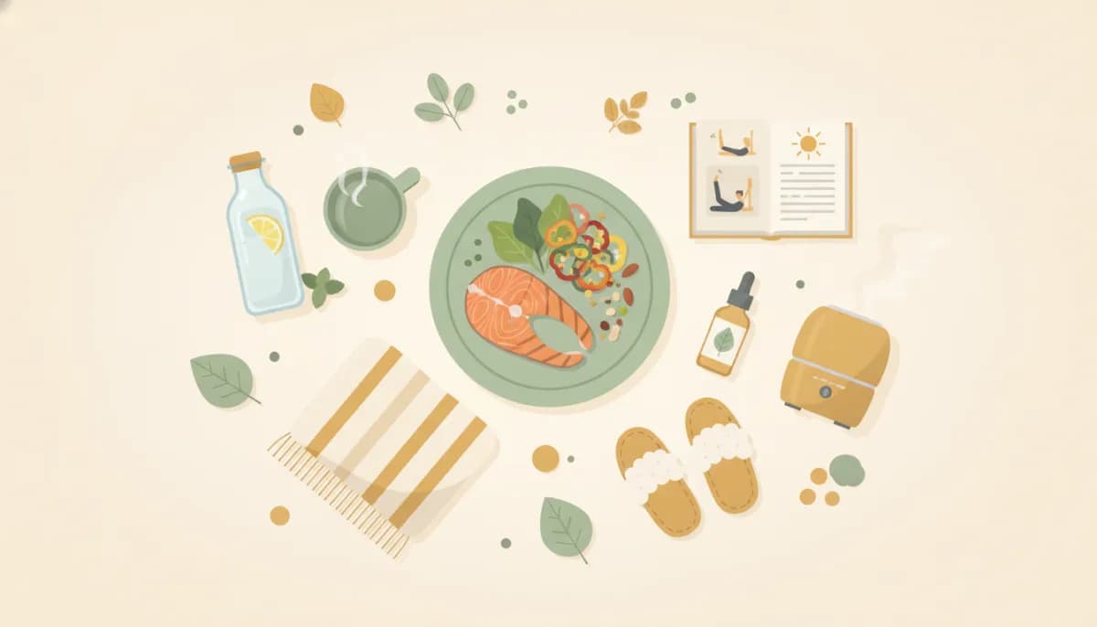 Warm, flat-lay illustration of everyday immune-supportive habits: a glass of water, a balanced plate, and a byMae multi+ daily routine.