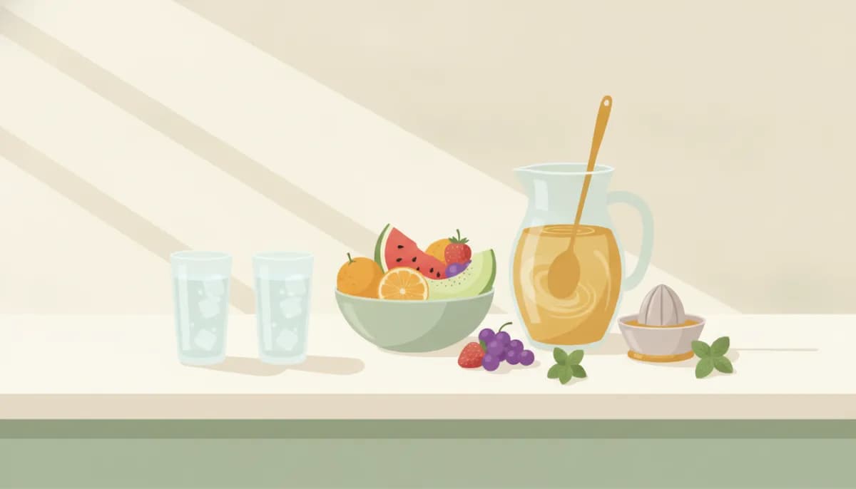 A sunny kitchen counter with water glasses, water-rich fruit, and a byMae drink being stirred for the family's morning routine.