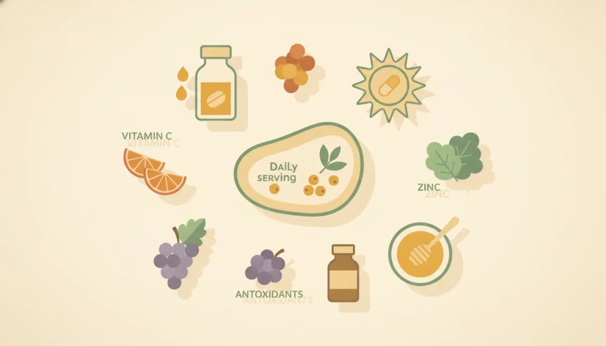 Flat-lay illustration of the key immune-support nutrients — vitamin D, vitamin C, zinc, and selenium — surrounding a byMae serving.