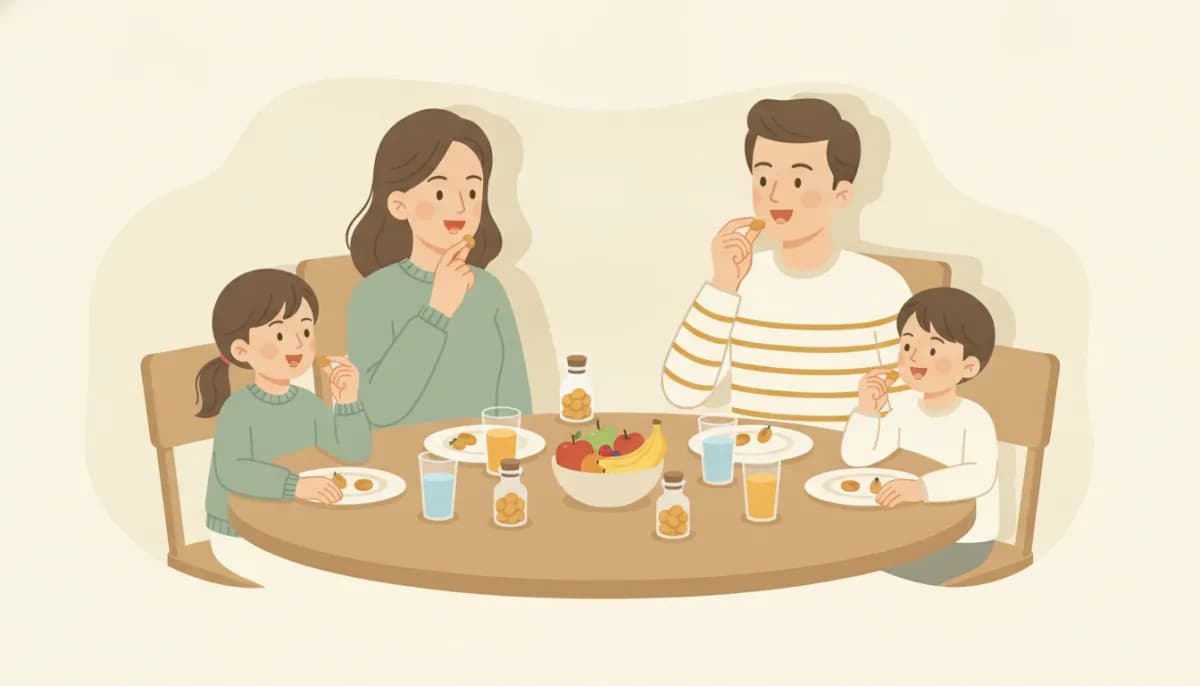 A family taking their daily byMae multivitamins together at the breakfast table