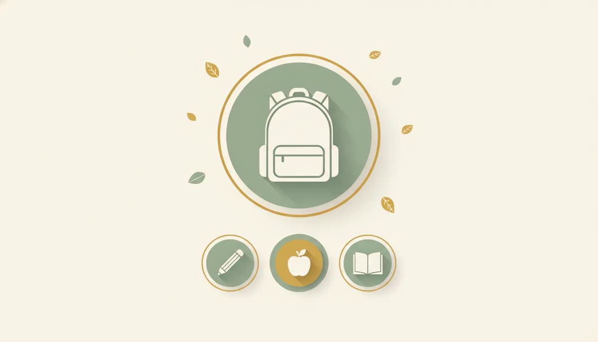 Illustration: a school backpack above pencil, apple and book icons