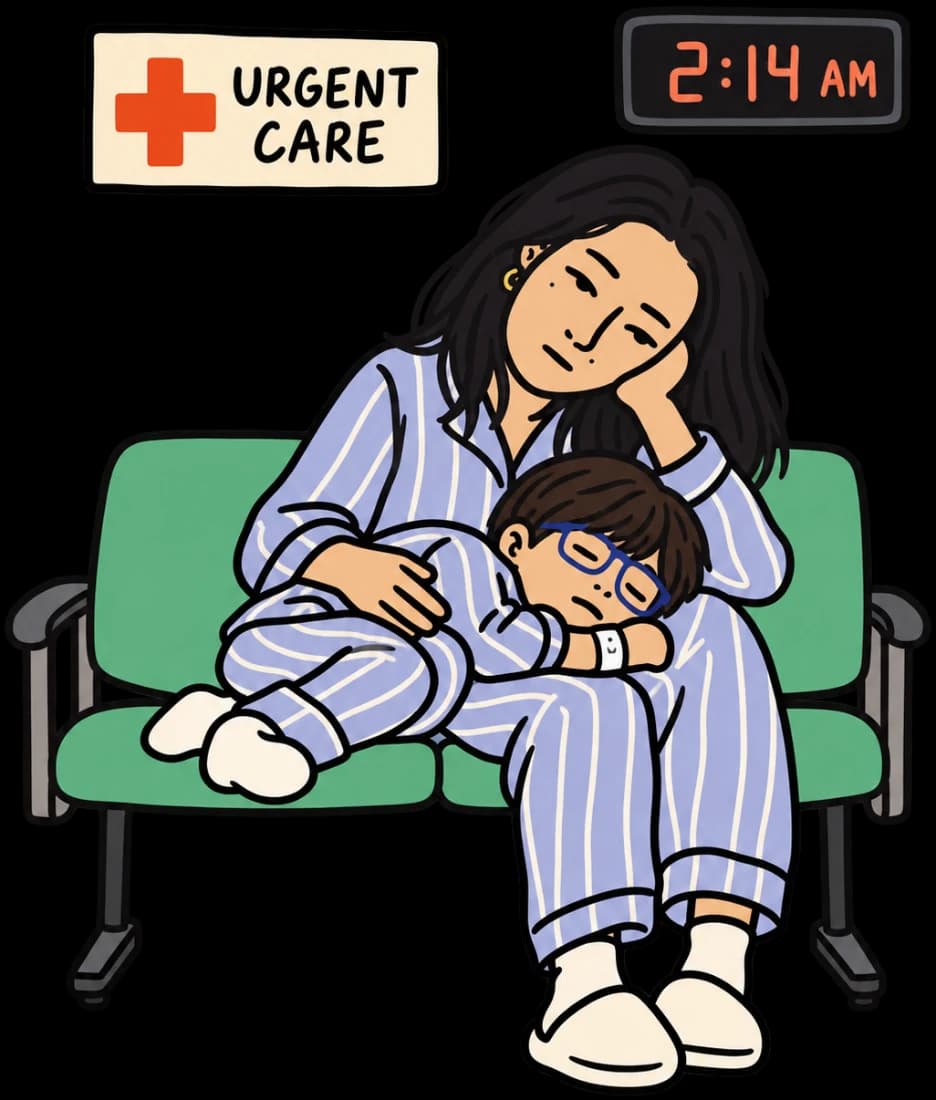 Drawing of D’nae holding her child on an urgent-care bench at 2:14 AM