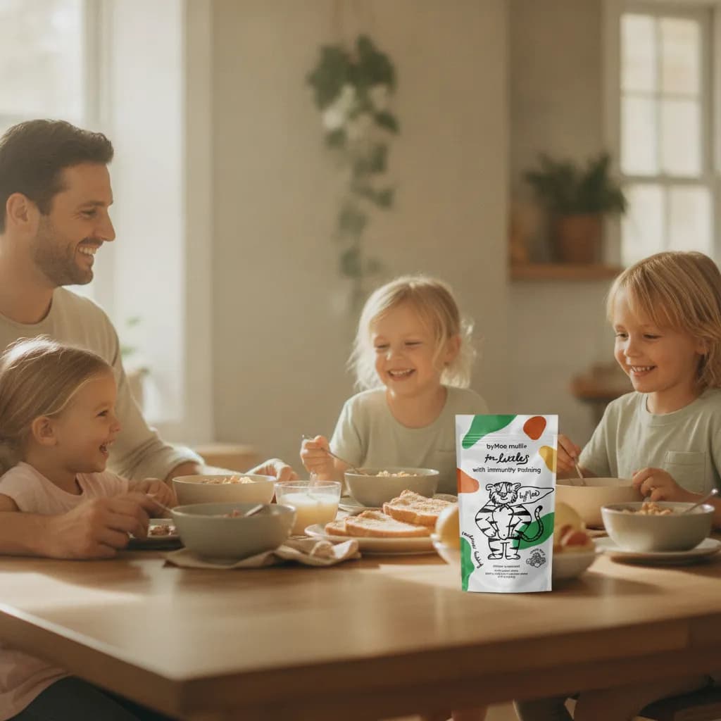 A family at the kitchen table with a byMae littles pouch, looking at what's inside together.