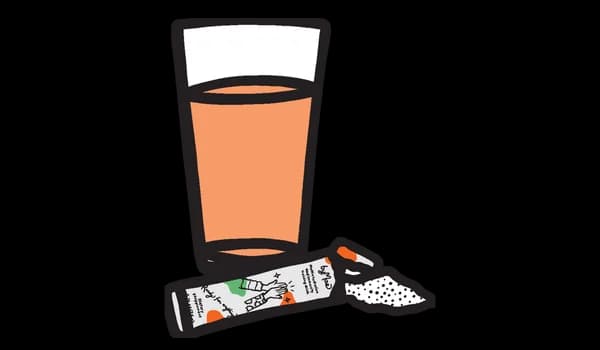 Hand-drawn glass of multi+ drink beside a torn stick pack