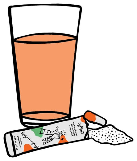 A hand-drawn glass of the drink next to a torn multi+ stick pack