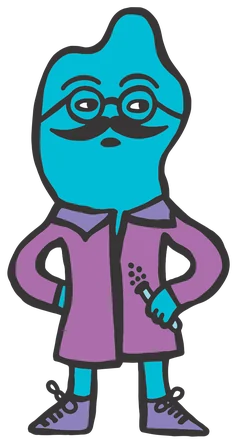 Doc T, a cyan cell in glasses, a mustache and a purple lab coat, hands on hips, holding a test tube