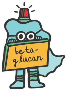 Mighty Mac in round glasses, peeking over a big yellow book titled beta-glucan that he holds up in both hands