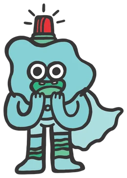 Mighty Mac, a worried teal cell with a red light on his head and a small cape, hands to his face