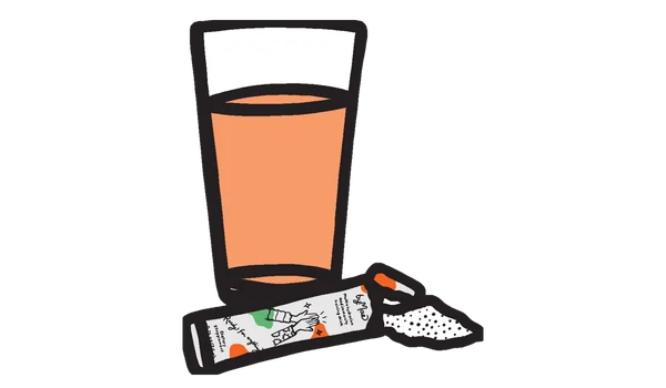A hand-drawn glass of the drink next to a torn multi+ stick pack